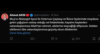 Başkan Ahmet Akın'dan Sel Felaketiyle İlgili Başsağlığı Mesajı